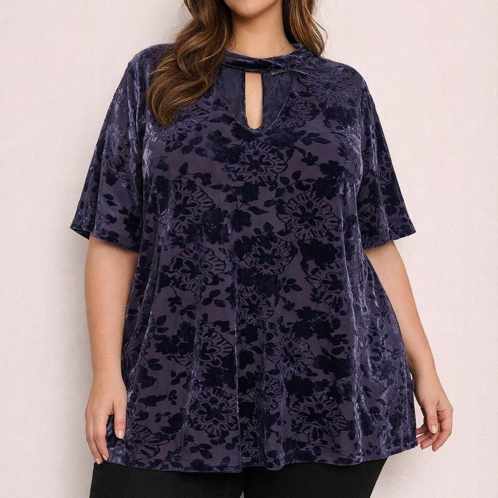 Roaman's Women's Shirt 3XL 22 24 Purple Burnout Velvet Floral Keyhole Neck Top